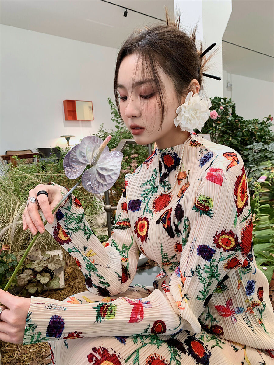 セットアップ】花柄 プリーツ 長袖トップス＋プリーツスカート 