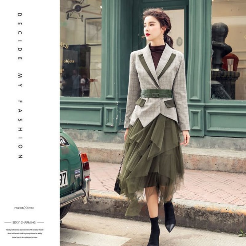 セットアップ】チェック柄ブレザー+シフォンスカート セットアップ】チェック柄ブレザー+シフォンスカート