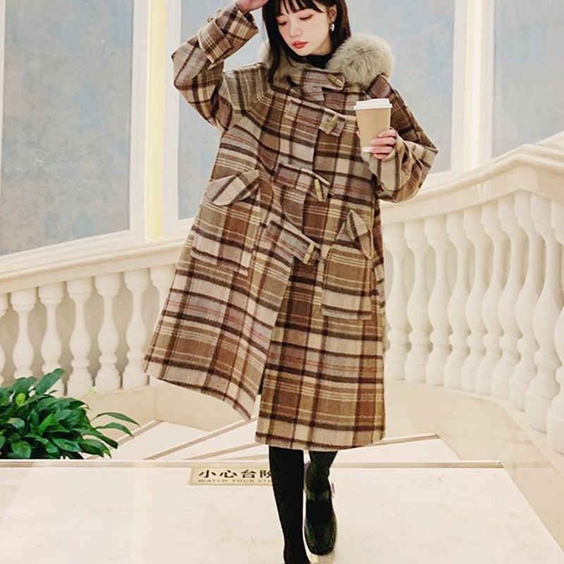 フード付き チェック柄 ウールコート ジャケット コート アウター 秋冬
