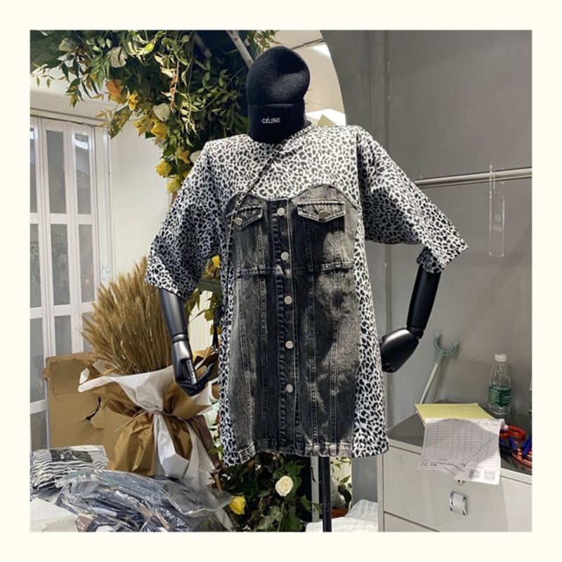 日本未発売】ヒョウ柄Tシャツ ステッチデニム 異素材MIX