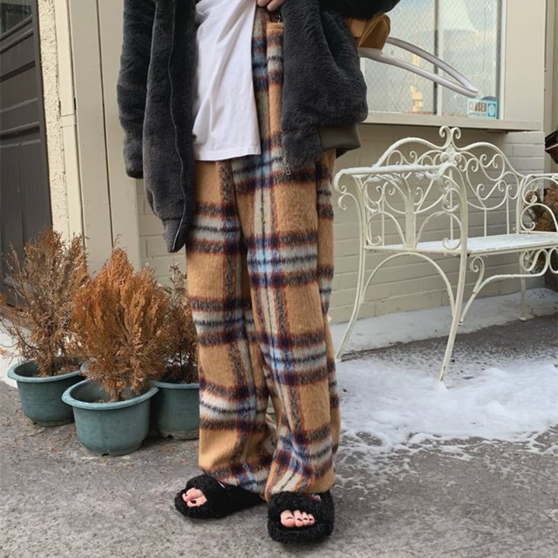 チェック柄ワイドパンツ ウールパンツ 柄パンツ ハイウエスト 美脚見え  