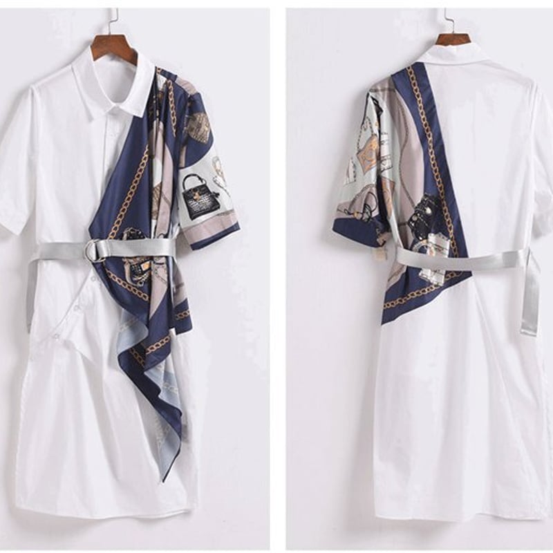 スカーフ柄シャツワンピース 大人キレイ ミモレ韓国系 2色 g3331 スカーフシャツワンピース シャツワンピース 不規則 ハイ