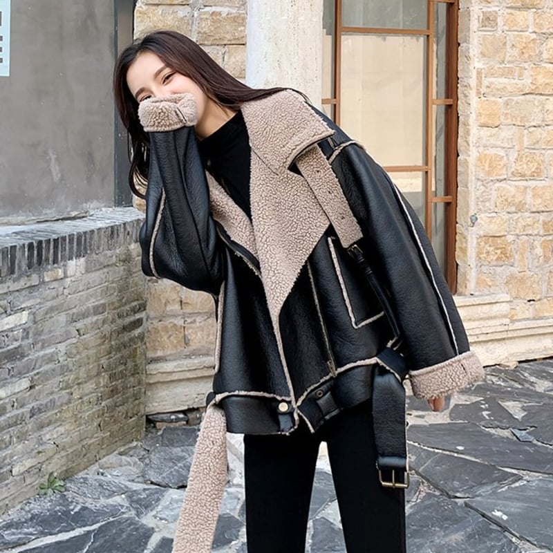 レディース フェイクレザーアウター ボア ジャケット カジュアル 襟