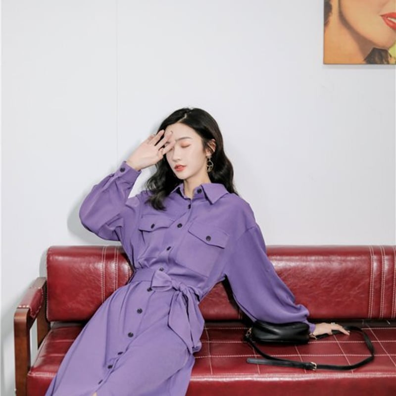 パープル シャツワンピース 長袖 ウエストリボン付き cff86e9b035979656072bb9a46df1b