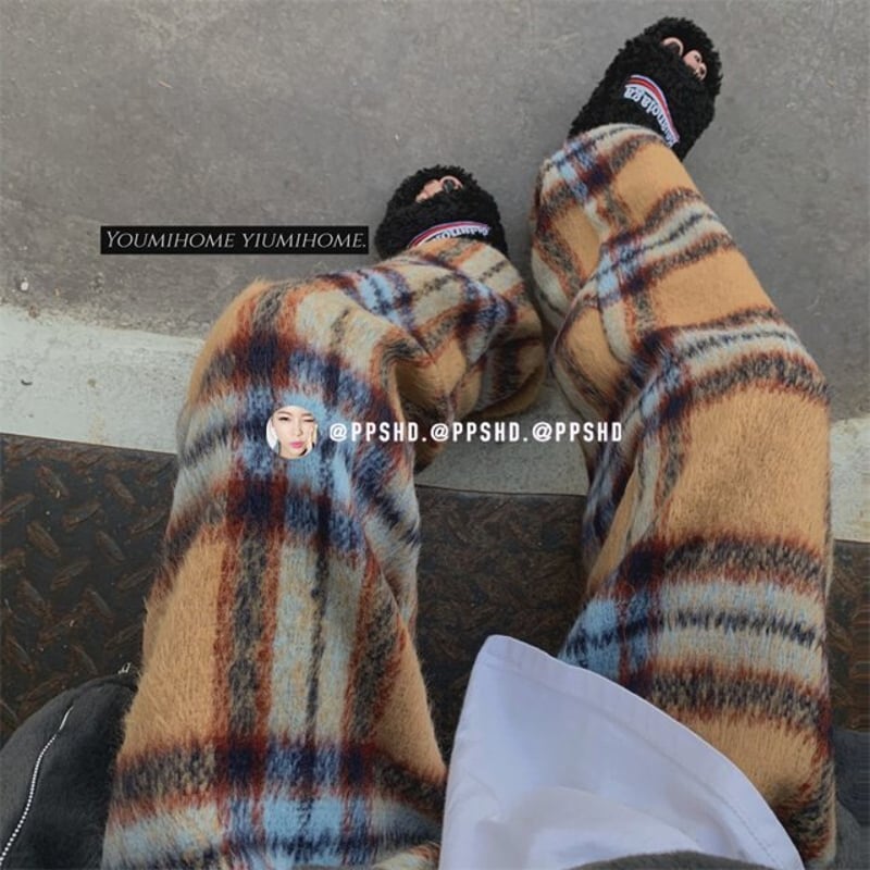 チェック柄ワイドパンツ ウールパンツ 柄パンツ ハイウエスト 美脚見え  