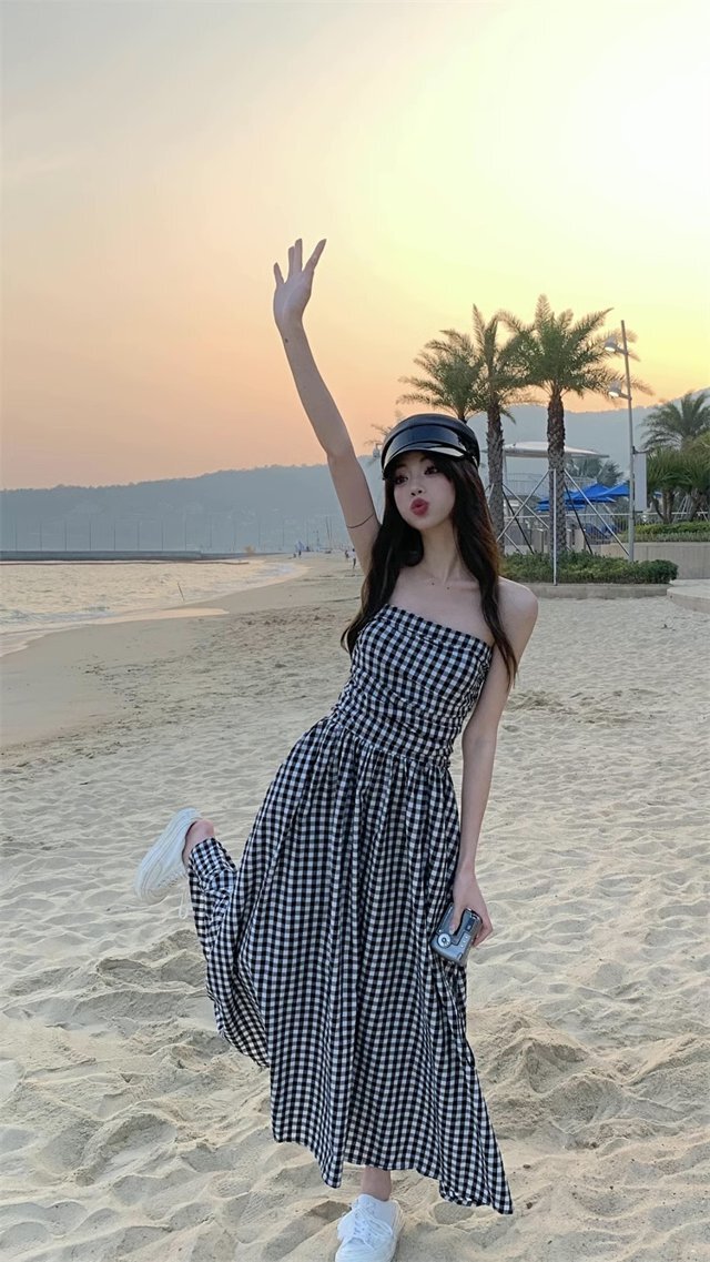 ギャザーフロントベアギンガムワンピース チェック柄 ベア