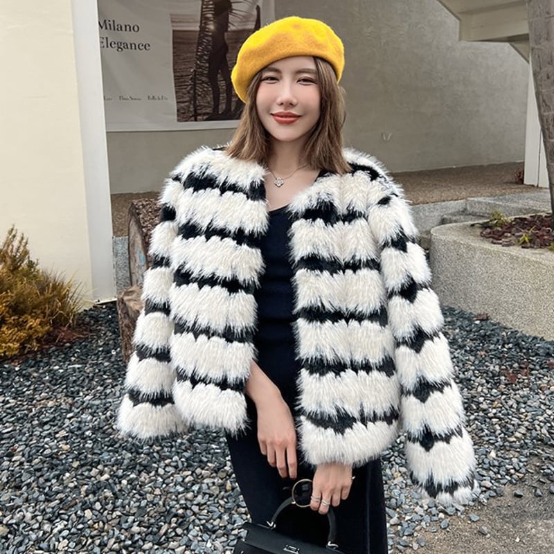 縞模様フェイクファーコート ファージャケット ファーコート 