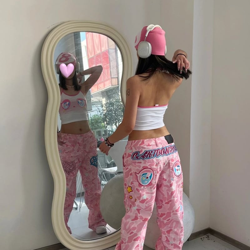 迷彩ピンクワイドパンツ レディース パンツ デニム ボトムス ピンク