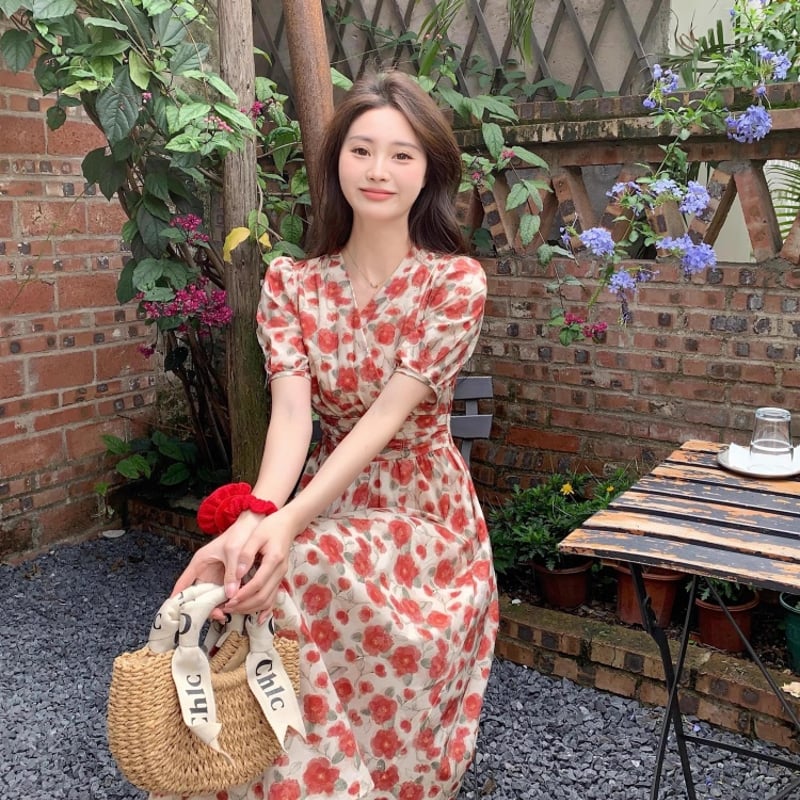 Vネック花柄ワンピース カシュクール 花柄ワンピース 半袖ワンピース V