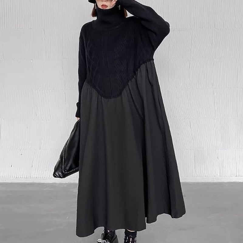 異素材ドッキングニットワンピース ロング ワンピース レディース 秋冬