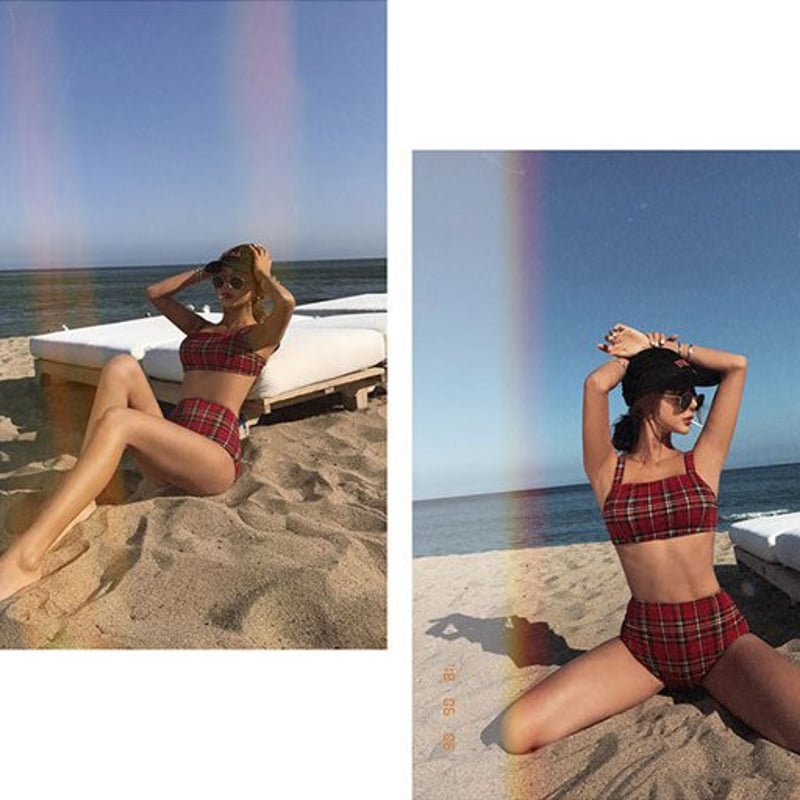 チェック柄 タンキニ ビキニ 水着 レディース ハイウエスト 赤