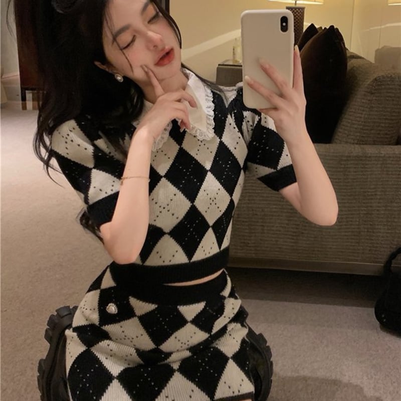 BEAMS GOLF チェック柄　セットアップ　ニット　ニットスカート　上下 BEAMS OUTLET｜チェック ニット スカート セットアップ(セットアイテム
