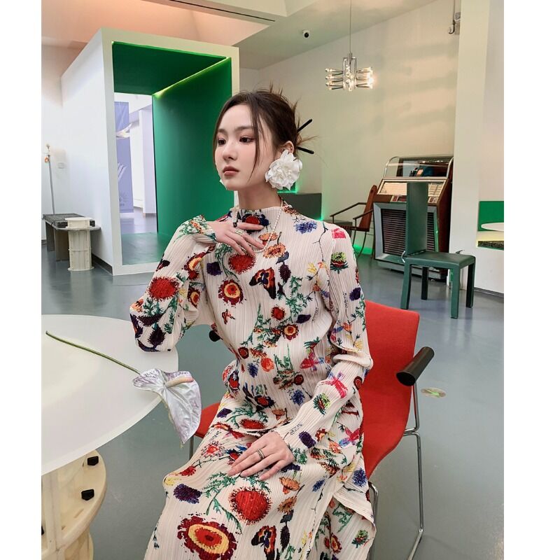 セットアップ】花柄 プリーツ 長袖トップス+プリーツスカート セットアップ】花柄 プリーツ 長袖トップス+プリーツスカート