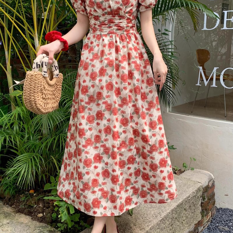 Vネック花柄ワンピース カシュクール 花柄ワンピース 半袖ワンピース V