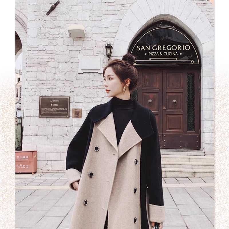 秋冬 ウール コート アウター コート 上着 ロングコート ミディアム丈 袖あり 長袖 Vネック 襟付き ストレート ダブルブレスト レギュラー ポケット 前開き 伸縮性 ボタン ウール 異素材MIX ツーピース 大人可愛い カジュアル おしゃれ 大人女子 こなれ感 モード系 無地 秋 冬 バイカラーウールコート ウールコート ミドル丈 ストレート. ダブル