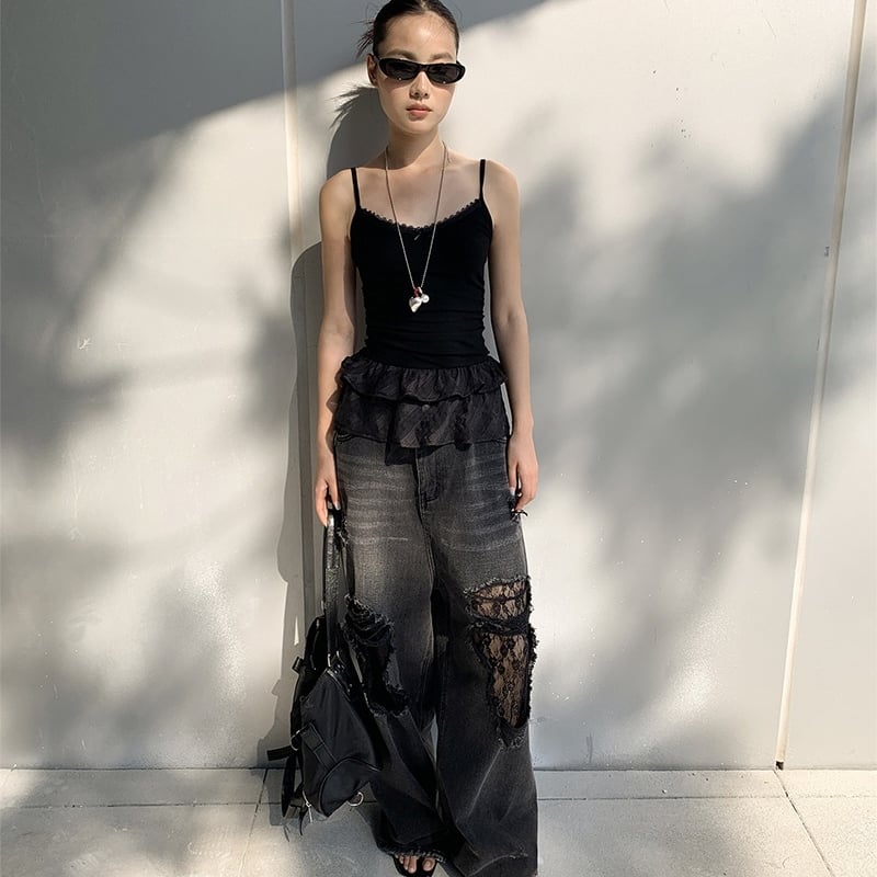 レースダメージブラックデニム レースステッチワイドダメージジーンズ