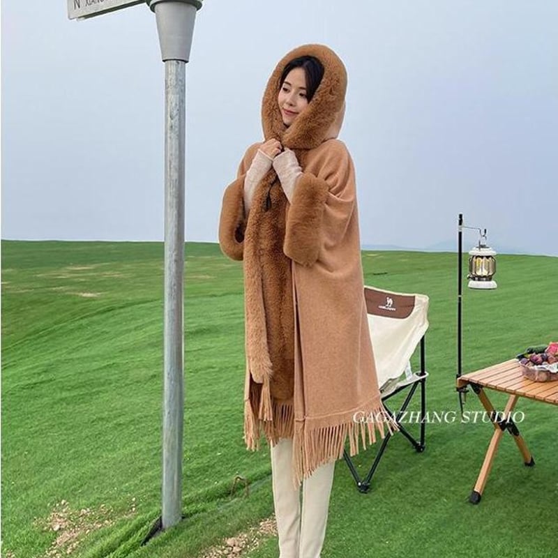 ファーフード付き ポンチョ ケープ ショーツ ふわふわ 暖かい アウター