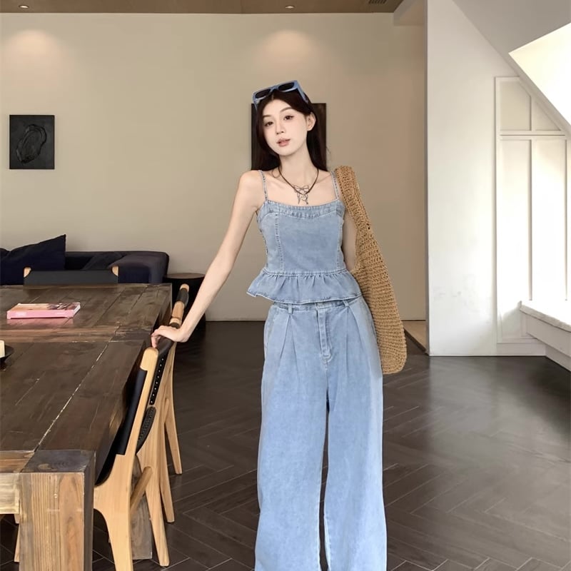 デニムキャミソールとパンツのセット セットアップ】デニムセットアップ 上下セット キャミソール