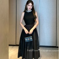 パール装飾付きホルターネックドレス 黒 ブラック ワンピース ドレス 結婚式 パーティードレス お呼ばれドレス 袖なし ノースリーブ 上品 体型カバー ハイウエスト 韓国ドレス 二次会 C504