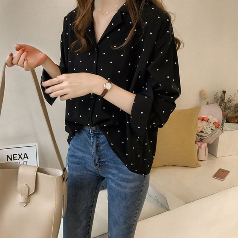 ドット柄 Vネック 長袖シャツ ブラウス トップス 2カラー a886