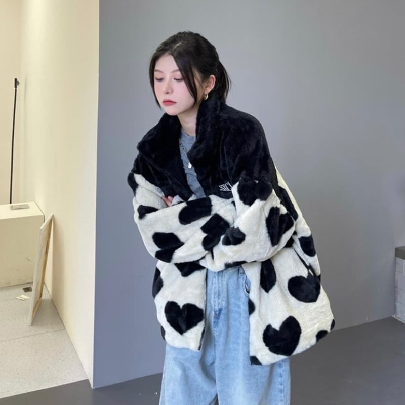 ハート柄 フリースジャケット フェイクファージャンパー ジャケット