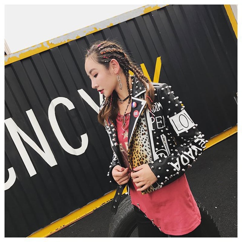 スタッズ付き ライダースジャケット レザージャケット ヒョウステッチ