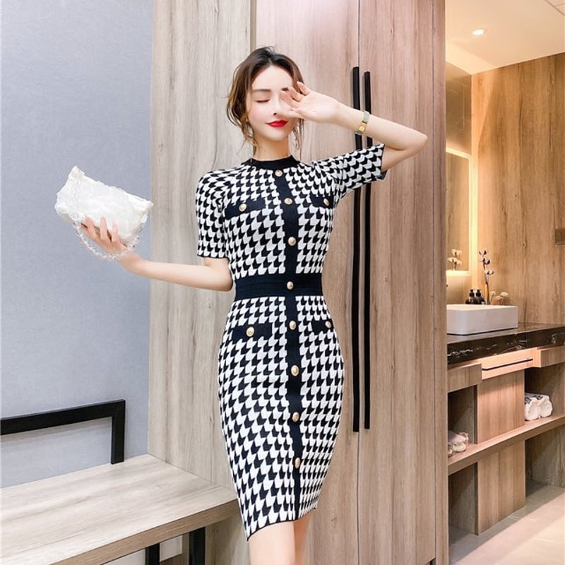 千鳥格子 ニットワンピース 半袖ワンピース フレンチ チェック柄 ハイ
