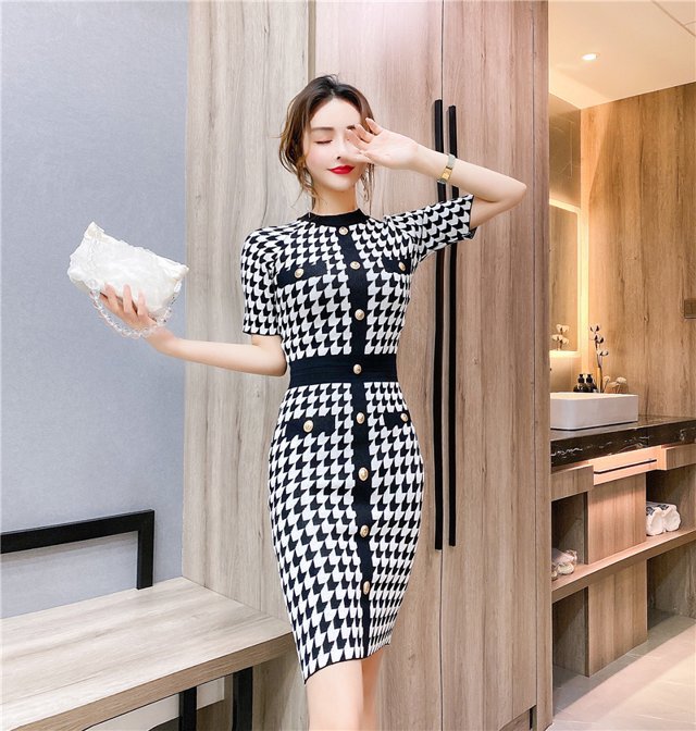 千鳥格子 ニットワンピース 半袖ワンピース フレンチ チェック柄 ハイ