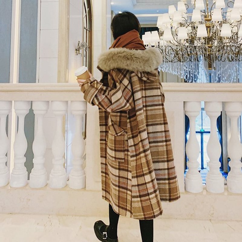 フード付き チェック柄 ウールコート ジャケット コート アウター 秋冬