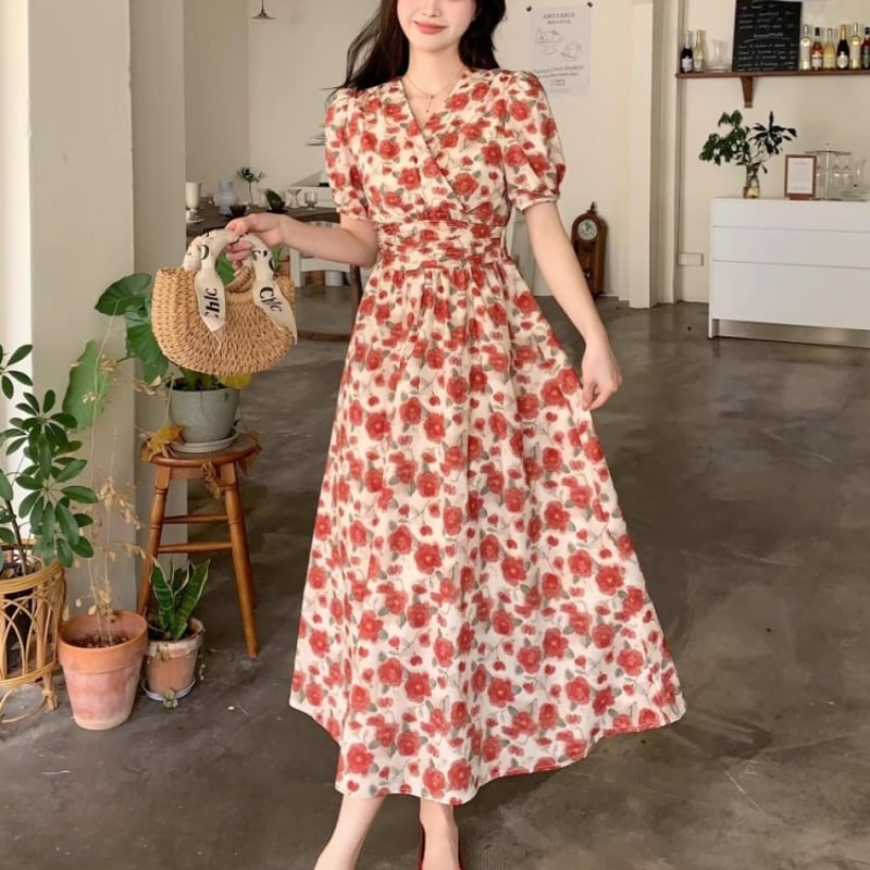 Vネック花柄ワンピース カシュクール 花柄ワンピース 半袖ワンピース V