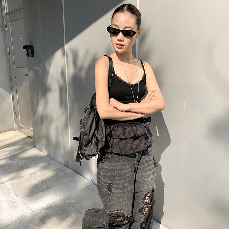 レースダメージブラックデニム レースステッチワイドダメージジーンズ