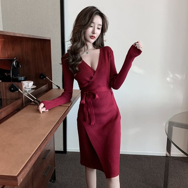 Vネック ニットワンピース ウエストリボン フェミニン タイトワンピ 3