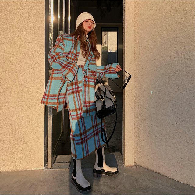 ビンテージ バーバリー チェック ノーカラー セットアップ ジャケット スカート セットアップ】チェック柄 ジャケット＋スカート オーバーサイズ