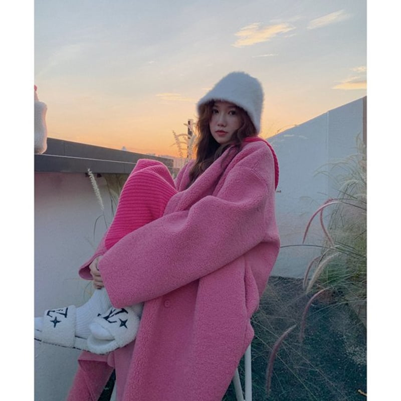 新作 pium コットンレースカラーボアコート ピンク