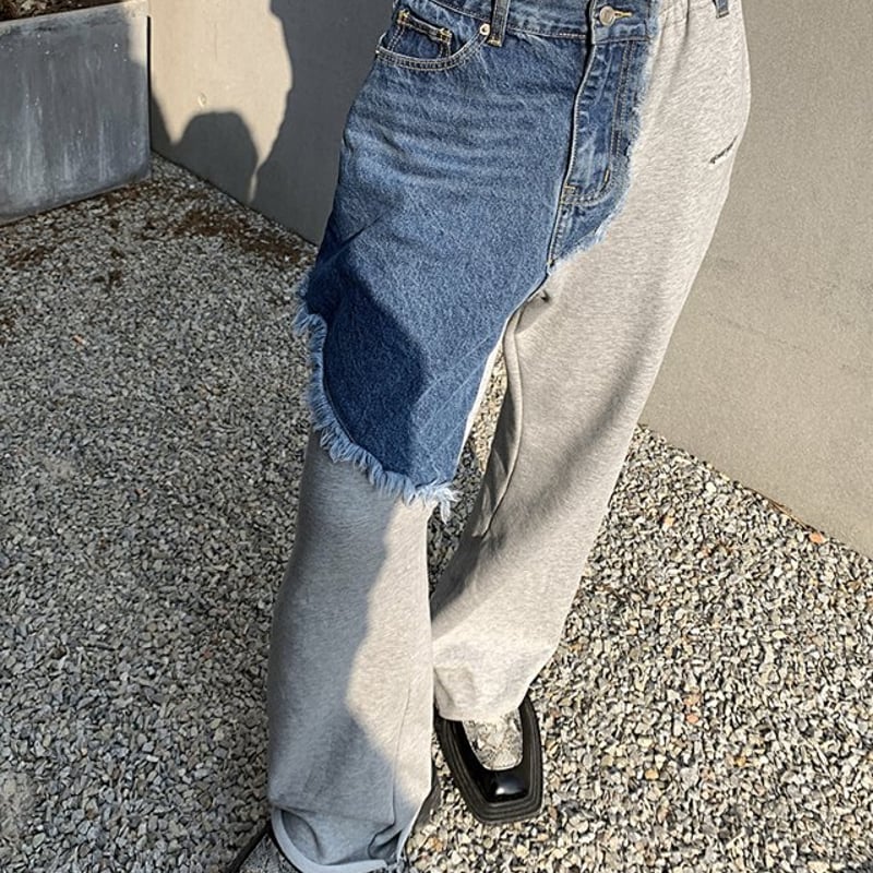 異素材 ドッキング デニムスウェットパンツ 切り替え デニム 