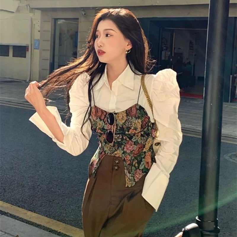 どんぐり枠 パフスリーブワンピース、花柄ビスチェ2点セット セット】花柄ビスチェ＋パフスリーブシャツ 2点セット ツーピース