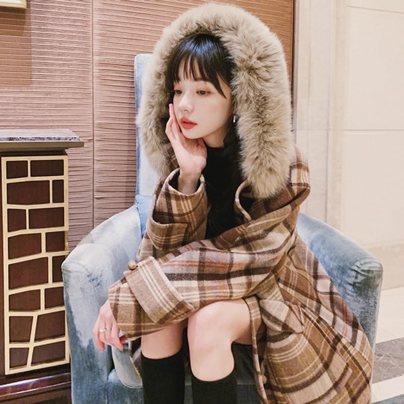 フード付き チェック柄 ウールコート ジャケット コート アウター 秋冬