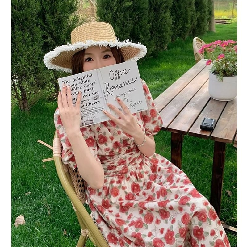 Vネック花柄ワンピース カシュクール 花柄ワンピース 半袖ワンピース V
