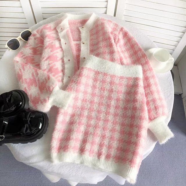 チェック柄カーディガン＆スカートセット DIAVEL ニット セーター セットアップ チェック柄ニット