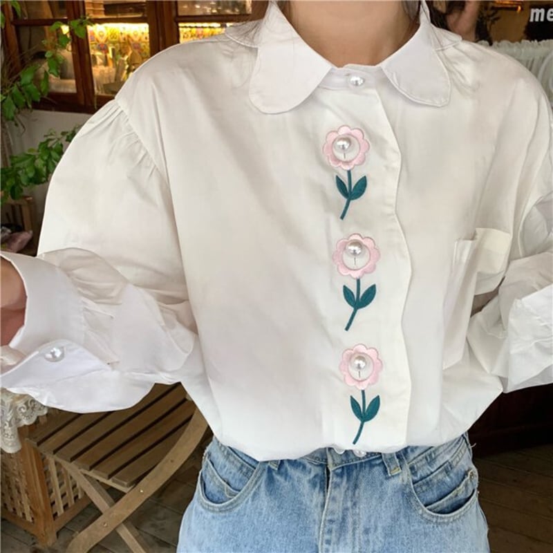 【美品】mercibeaucoup, オーバーサイズ　花柄長袖シャツ　ピンク 大きいサイズあり】花柄刺繍シャツ 長袖 ブラウス シャツ