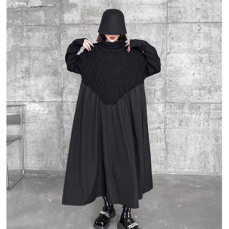 異素材ドッキングニットワンピース ロング ワンピース レディース 秋冬 