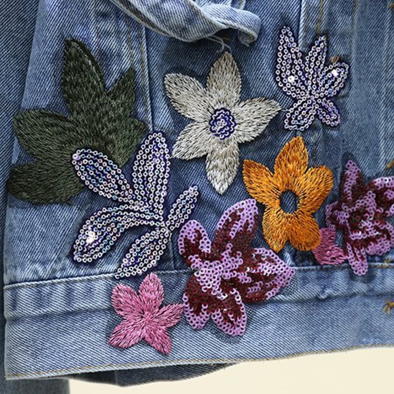 フラワー刺繍デニムジャケット レディース ショート丈 フラワー刺繍デニムジャケット レディース ショート丈