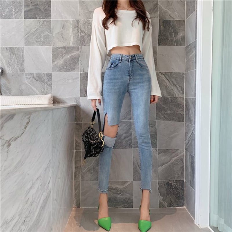 細身　ダメージ　ハイウエスト　薄デニム　S 細身 ダメージ ハイウエスト 薄デニム S