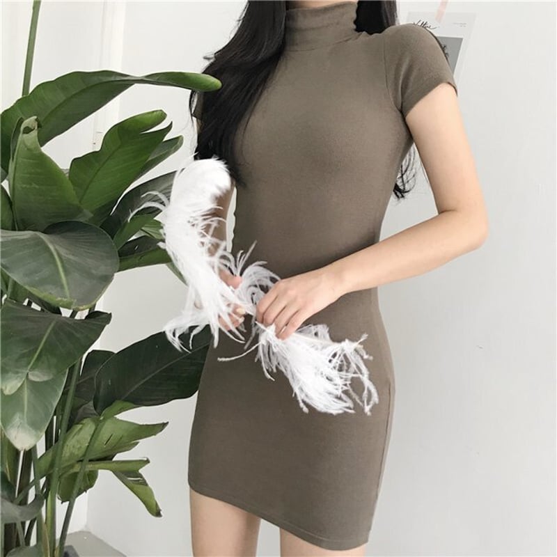 ハイネック 半袖ニットワンピース 半袖ドレス ニットワンピース