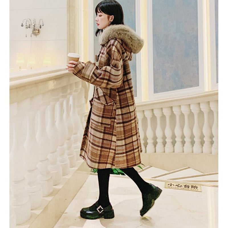 チェック柄ウールコート フード付き チェック柄 ウールコート ジャケット コート アウター 秋冬