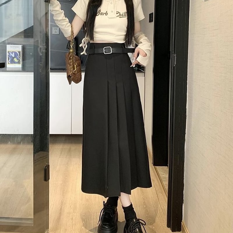 ハーフプリーツスカート ミモレスカート プリーツスカート ブラック