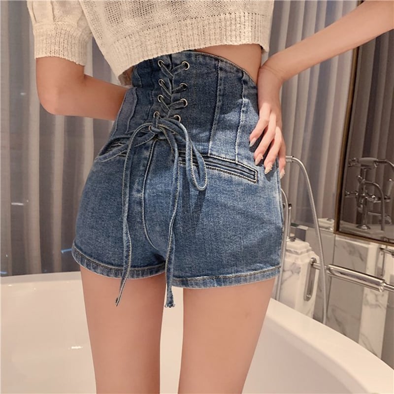 デニム ジーパン ハイウエスト バックリボンフリル 可愛い S/M/L f8718a5b013edf27cc93977a9f5793