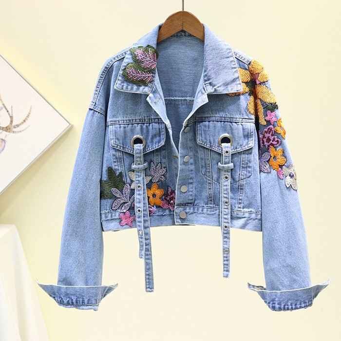 フラワー刺繍デニムジャケット レディース ショート丈 フラワー刺繍デニムジャケット レディース ショート丈