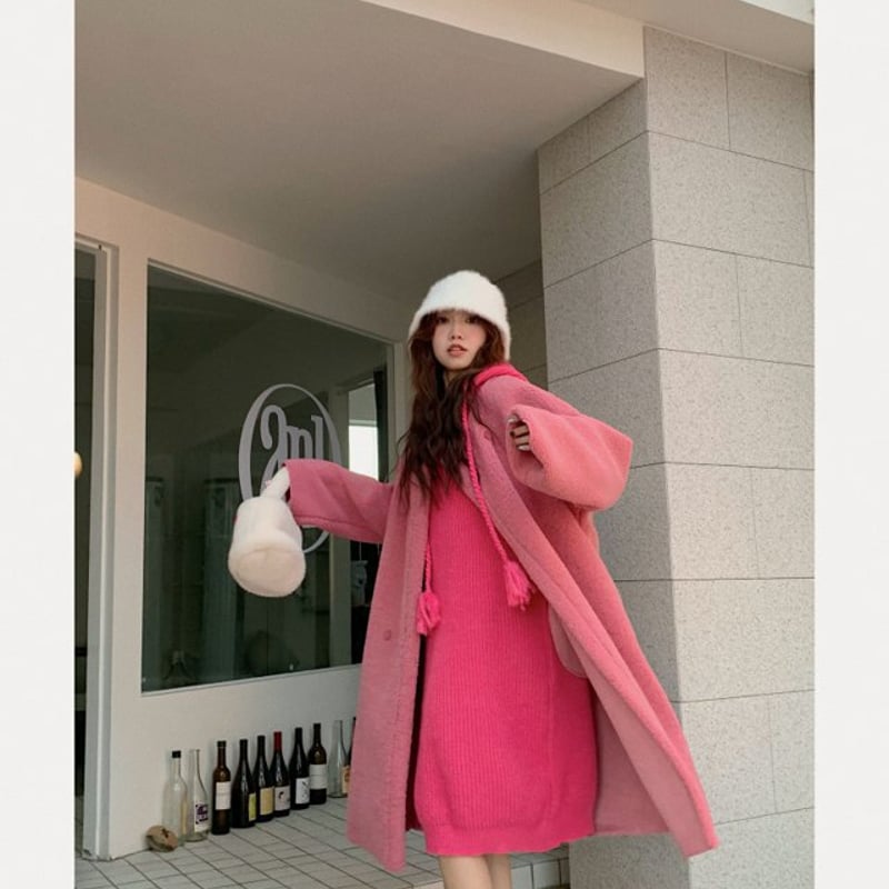 2点SET】ボアコート＋リブニットワンピース ピンクコーデ フード付き  