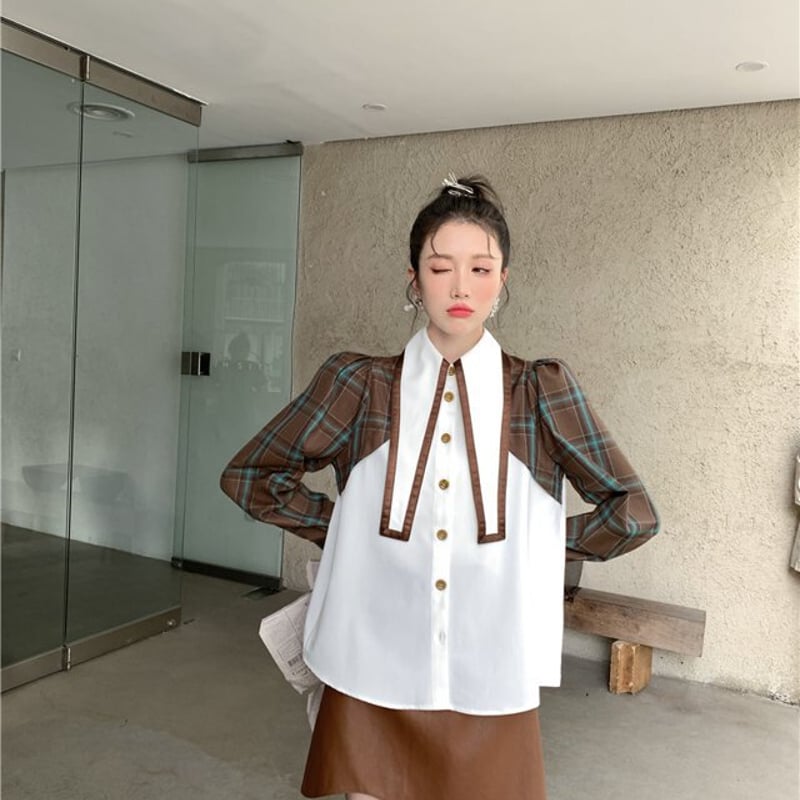 チェック柄カラーシャツ ブラウス 長袖 シャツ 長襟 チェック柄